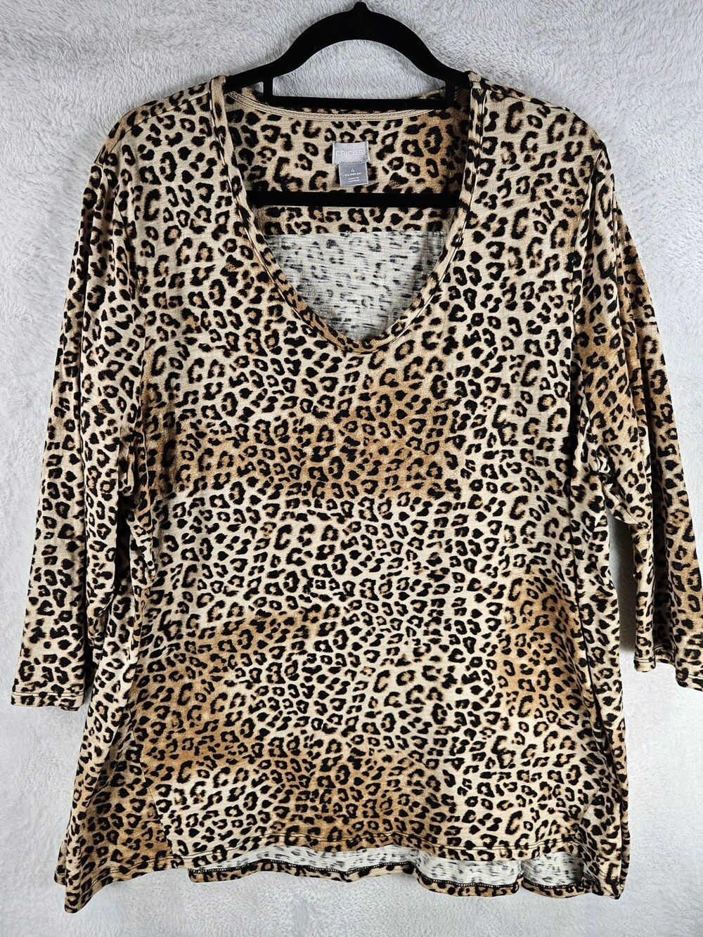 Chico's Long Sleeve Top Leopard Print V-Neck Tan Women's Size XXL
